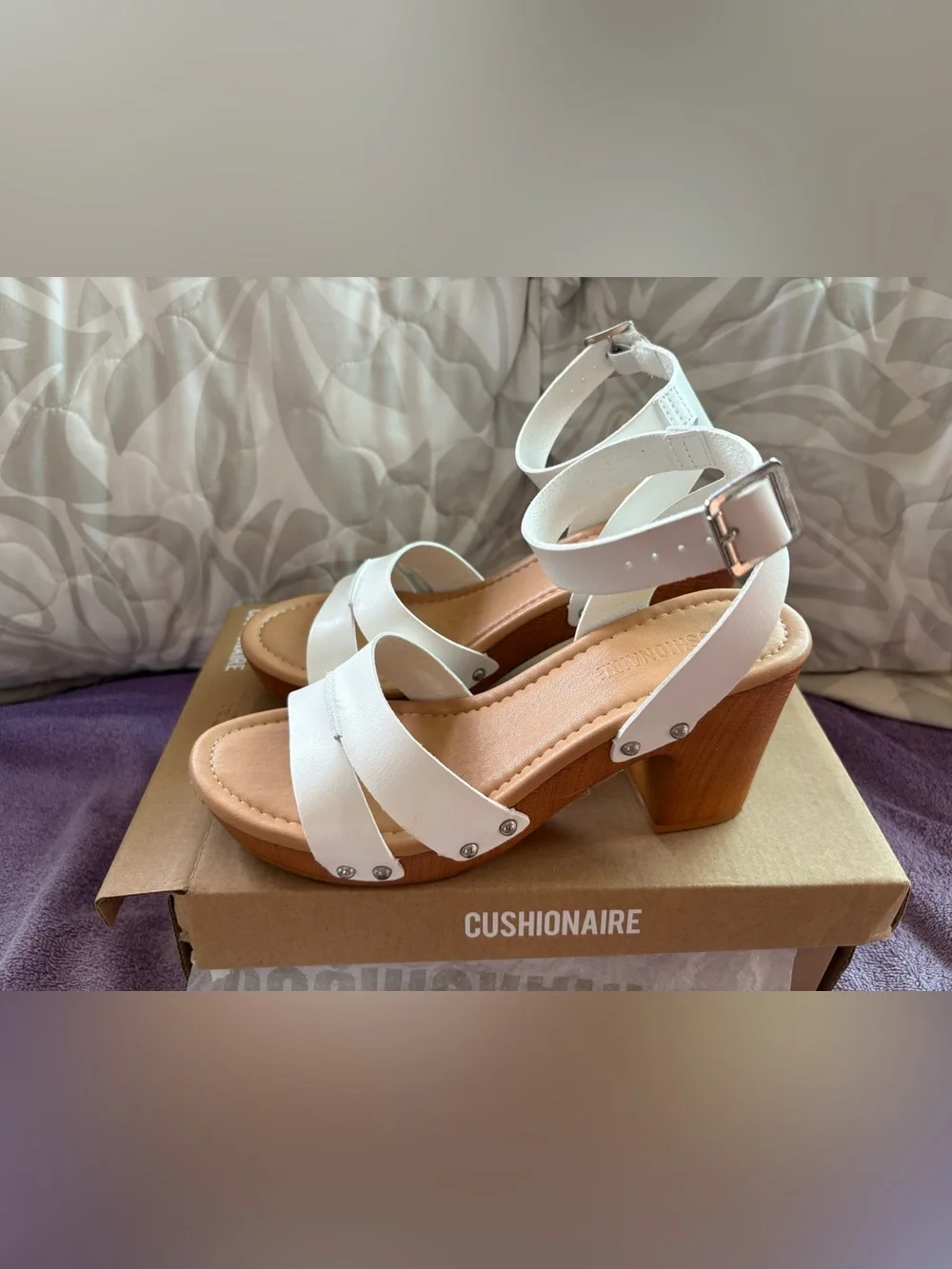 Cushionaire, Sandra, White Ankle-Strap Platform Sandal, size 8
